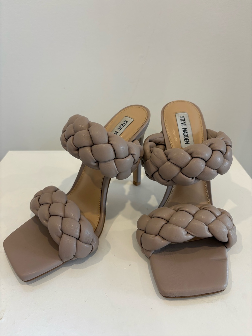 Steve Madden Taupe Braided Double-Strap Heeled Mules